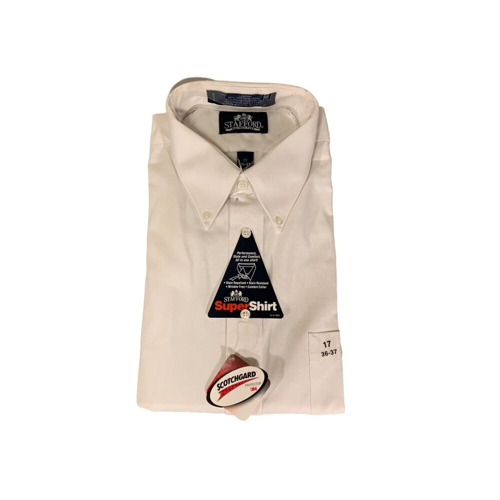 Stafford Wrinkle Free White Oxford Dress Shirt 17 36/37 Super Shirt Stain Resist